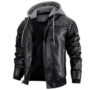 Blaq Ash Men's Black Faux Leather Jacket with Zipper, Multiple Pockets, and Removable Hood Design