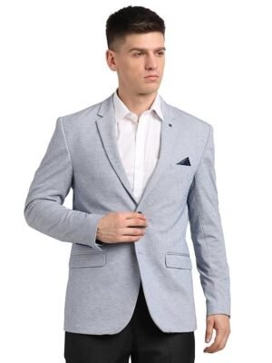 Turtle Men Knitted Notch Lapel Collar Light Blue Single Breasted Casual Blazer