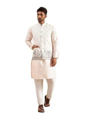 SOJANYA Men's Silk Blend Pink Kurta & White Pyjama With Daman Embroidered Nehru Jacket