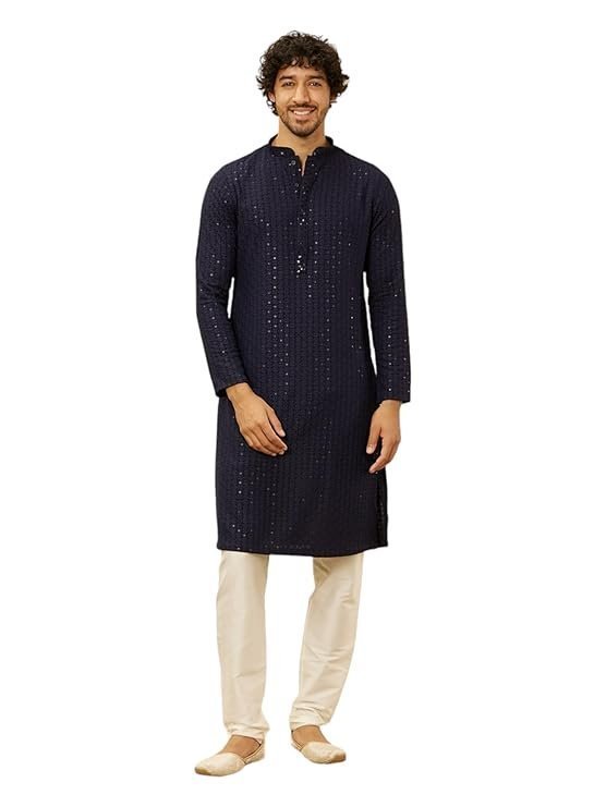 Manyavar Men's Viscose Chikankari Kurta Pyjama Set