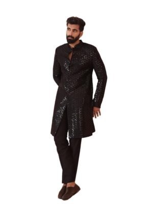 KISAH Men Black Embellished Indowestern Sherwani Trouser Set with Sequinned