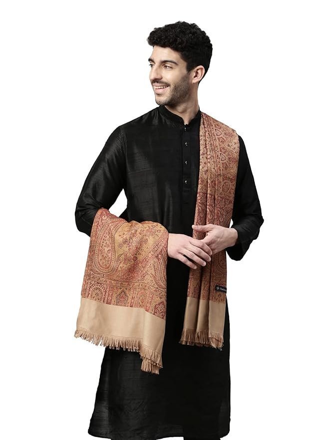 Pashmoda Wool Men Jamawar Shawl, Authentic Kashmiri Luxury Pashmina Style Shawl, Stole