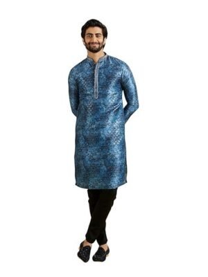 Manyavar Men's Art Silk Metallic Print Kurta Pyjama Set (2pcs)