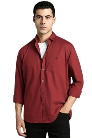 Louis Philippe Men's Textured Premium Cotton Slim fit Linen Blend Casual Shirt with Soft Hand Feel