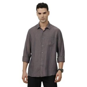Linen Club Men's Pure Linen Blue Chambray Contemporary Fit Full Sleeve Casual Shirt