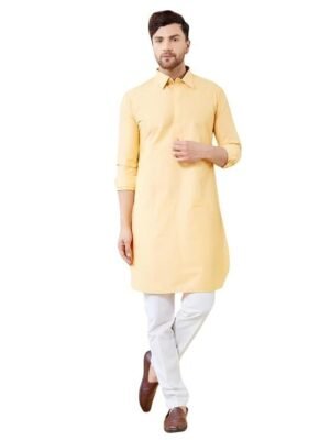 See Designs Men Cotton Solid Spread Collar Curved Hem Side Slit Full Sleeve Pathani Kurta with Pyjama