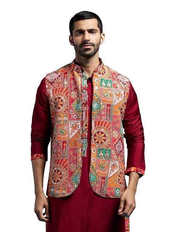 VASTRAMAY Men's Nehru Jacket | Allover Printed Embroidered Sequiend Nehru Jacket for Men | Perfect for Navratri