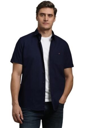 Louis Philippe Men's Textured Premium Cotton Slim fit Linen Blend Half Sleeve Casual Shirt with Soft Hand Feel