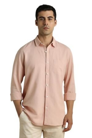 Peter England Men Cotton Linen Blend Slim Fit Solid Shirt Full Sleeves, Casual Wear