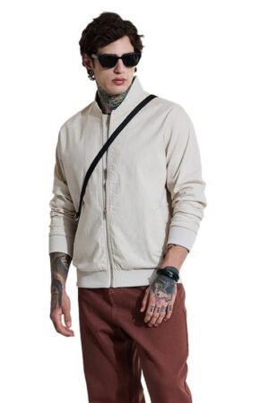 SNITCH Bordeaux Men Beige Bomber Jacket | Regular Fit Full Sleeve High Neck Solid Design | Premium Linen Blend & Smooth Woven Fabric for Everyday Wear & Semi-Formal Occasions