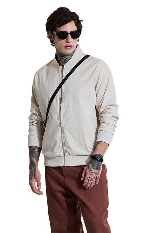 SNITCH Bordeaux Men Beige Bomber Jacket | Regular Fit Full Sleeve High Neck Solid Design | Premium Linen Blend & Smooth Woven Fabric for Everyday Wear & Semi-Formal Occasions