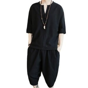 foveitaa Summer Clothing Men's Loungewear, Japanese Clothes, T-shirt, 3/4 Sleeves, Hemp Shirt, Short Sleeve, Top and Bottom Set, Top, Half Pants, Shorts, Top and Bottom