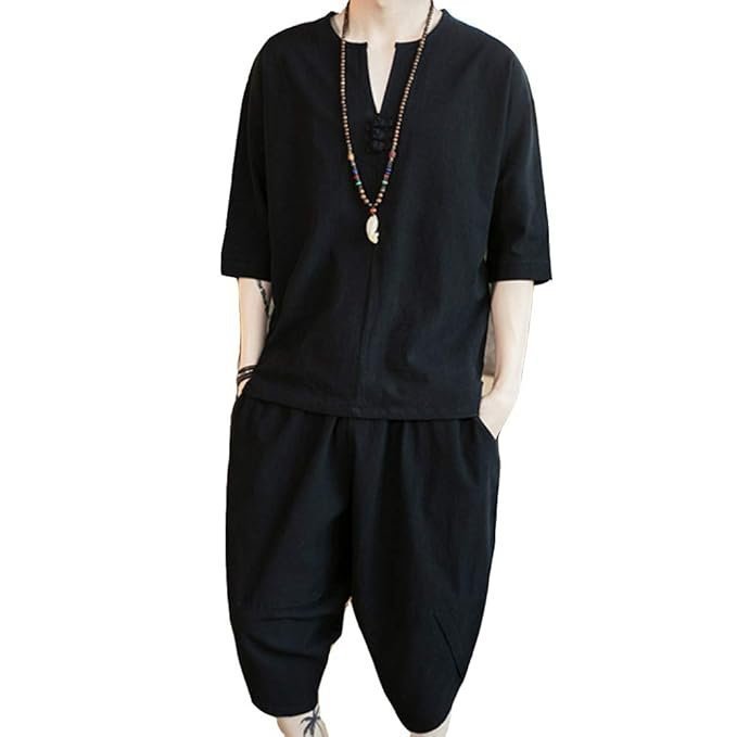 foveitaa Summer Clothing Men's Loungewear, Japanese Clothes, T-shirt, 3/4 Sleeves, Hemp Shirt, Short Sleeve, Top and Bottom Set, Top, Half Pants, Shorts, Top and Bottom