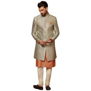 KISAH Men's Grey and Orange Indo-Western Kurta Sherwani Churidar Set Cotton Full Sleaves, Knee Length, Straight, Regular Fit, Mandarin Collar Ethnic Wear