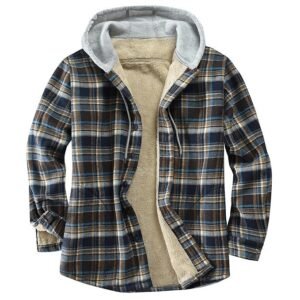 Derbars Men's Cotton Plaid Shirts Jacket Fleece Lined Flannel Shirts Sherpa Button Down Jackets with Hood for Men