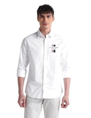 U.S. POLO ASSN. Mens White Solid Collared Neck Long Sleeve Men's Casual Shirts