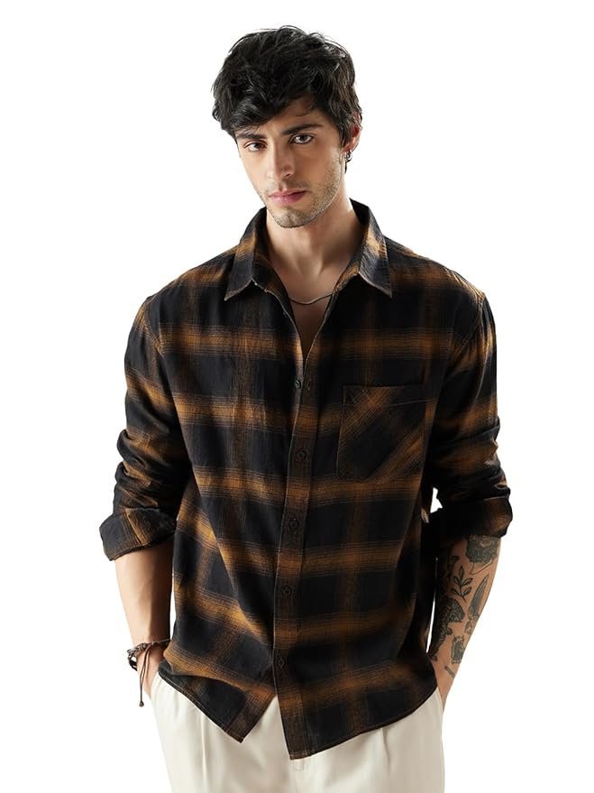 The Souled Store Plaid: Brown Mustard and Black Men and Boys Relaxed fit Striped Full Sleeve Cotton Multicolored Men Relaxed Shirts Shirt For Men Casual Half Sleeves Regular Fit Printed Stylish Latest