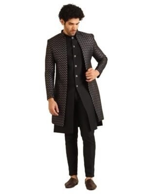 KISAH Men's Indo-Western Waistcoat Sherwani Trouser Set, Black Jacquard, Woven Design Regular Fit Mandarin Collar Long Sleeves
