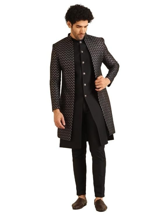 KISAH Men's Indo-Western Waistcoat Sherwani Trouser Set, Black Jacquard, Woven Design Regular Fit Mandarin Collar Long Sleeves