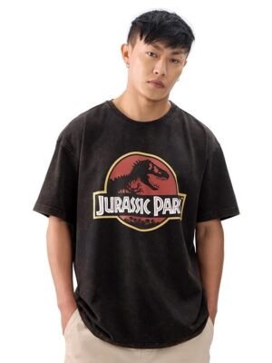 The Souled Store Official Jurassic Park: Logo Vintage Wash Men and Boys Short Sleeves Round Neck Black Graphic Printed Cotton Oversized T-Shirts