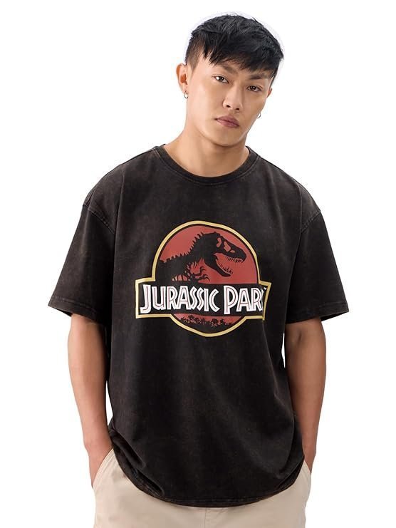The Souled Store Official Jurassic Park: Logo Vintage Wash Men and Boys Short Sleeves Round Neck Black Graphic Printed Cotton Oversized T-Shirts