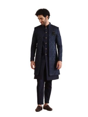 KISAH Mens Jacket Sherwani Trouser Set|Silk Blend Fabric Jacquard Pattern Indo-Western Sherwani Set for Men|Regular Fit Mandarin Collar Long Sleeves