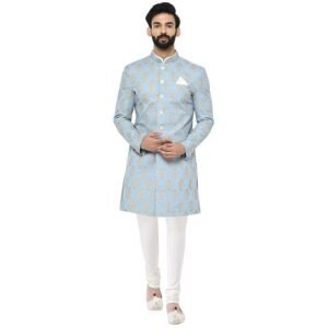 KISAH Men Blue Printed Indo-Western Sherwani Set Indo-Western, Full Sleaves, Knee Length, Straight, Regular Fit, Mandarin Collar Ethnic wear
